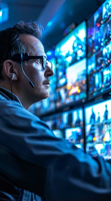 Security monitoring operator watching live surveillance camera feeds