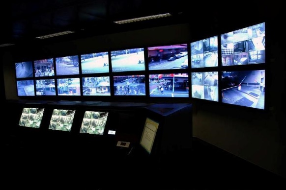 Security monitoring room with multiple live CCTV screens